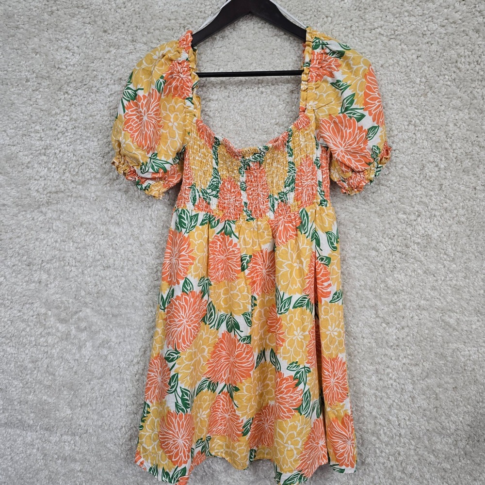 House of Harlow 1960 Floral Linen Mini Dress Women Medium Orange‎ Yellow Smocked